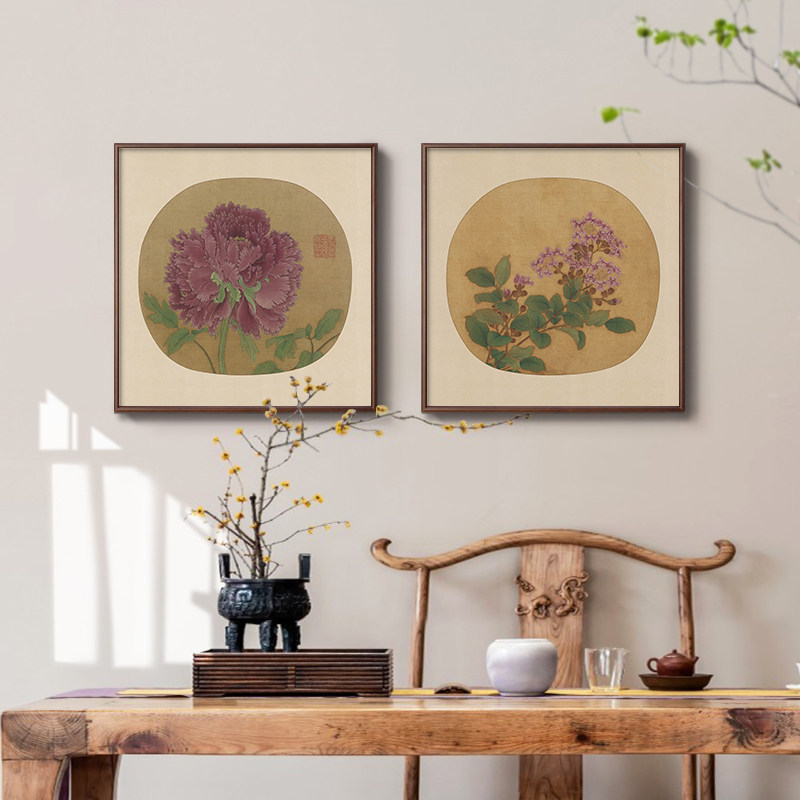 宋代小品牡丹紫薇花方画中式客厅装饰画玄关茶室壁画饭厅花鸟挂画