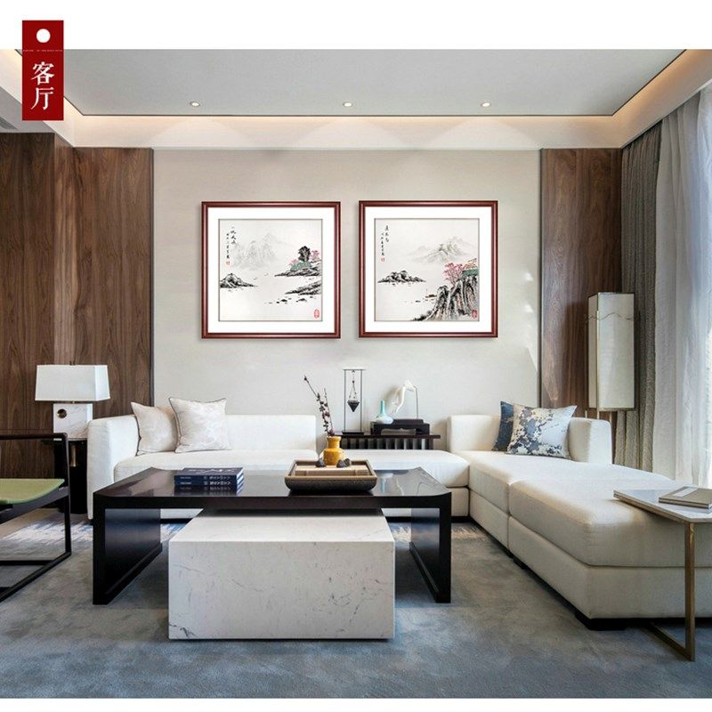 纯手绘中式山水画水墨画客厅沙发玄关包间餐厅斗方国画装饰挂画框