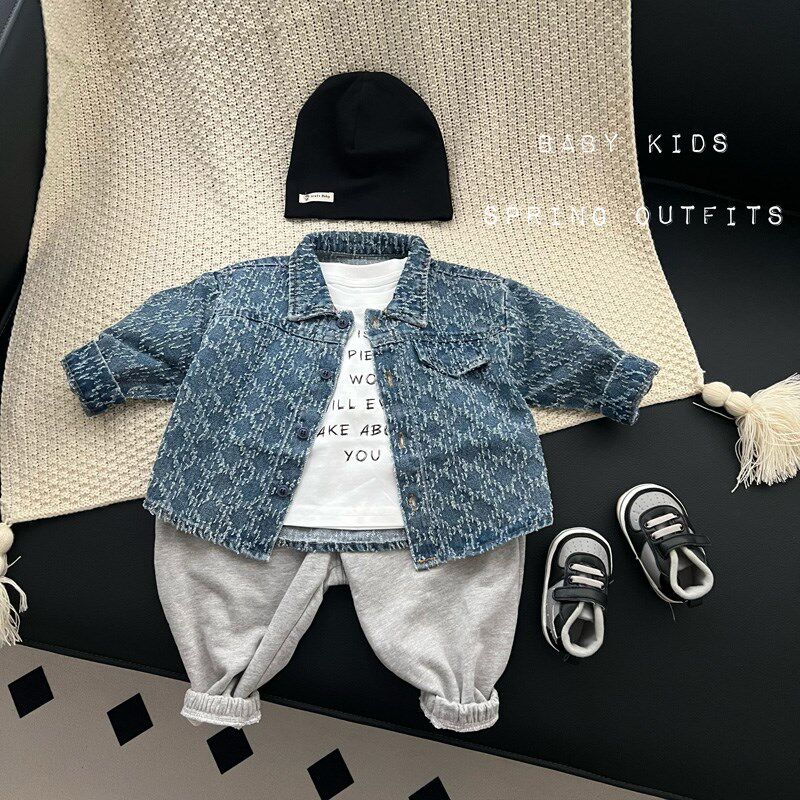 婴幼儿春装衣服男女宝宝春秋新款牛仔衣潮范长袖翻领衬衫外套衬衣
