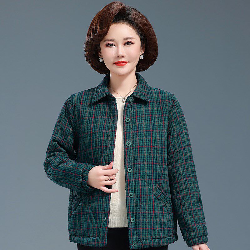 中老年女秋装夹棉衬衫外套老太太纯棉格子上衣奶奶宽松衣服妈妈装