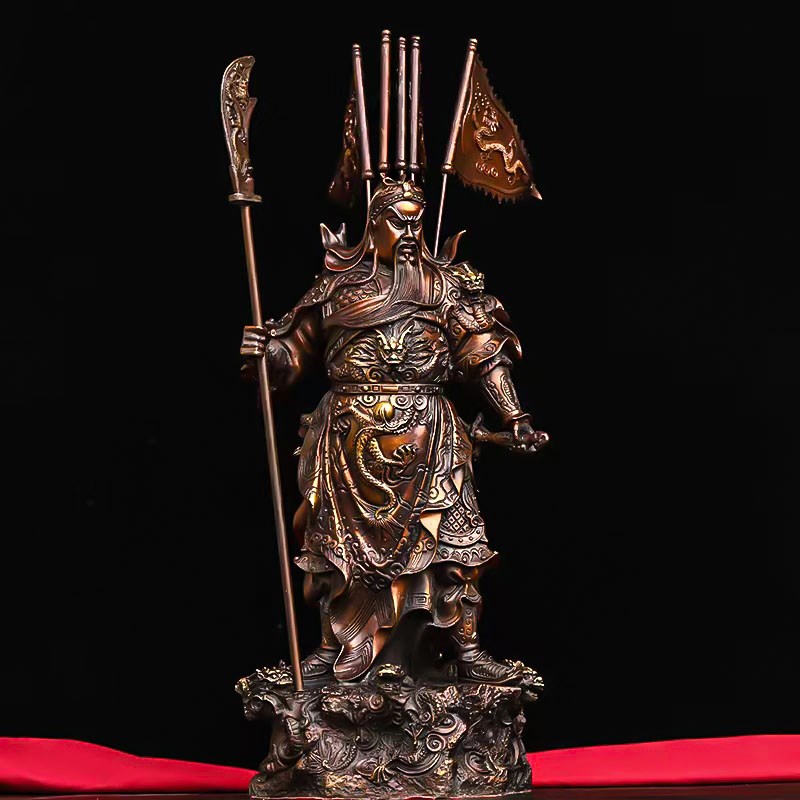 黄铜武财神背插五旗九龙关公摆件家居办公室供养装饰乔迁开业礼品