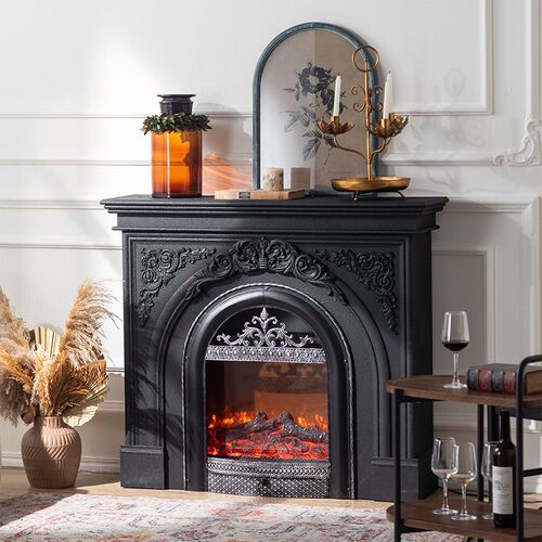 法式实木黑色壁炉架客厅别墅入户鸟笼防真火玄关置物台拱形装饰柜