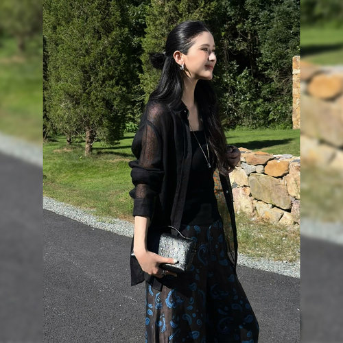 肌理微透衬衫女翻领显瘦开衫上衣