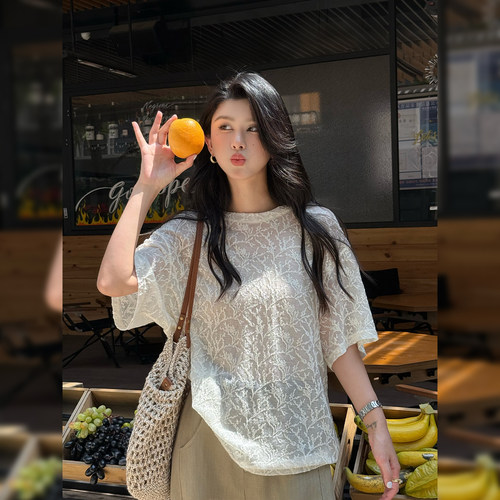 薄款蕾丝短袖T恤女显瘦微透罩衫