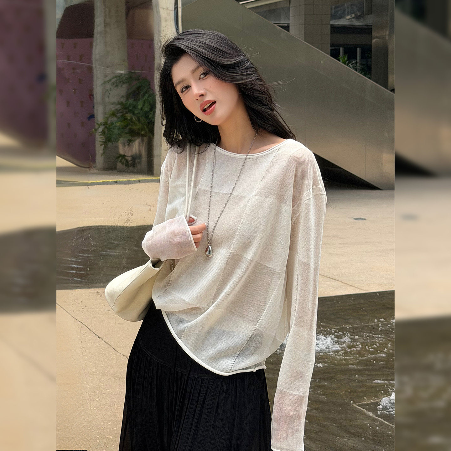 圆领T恤女宽松显瘦微透格子罩衫