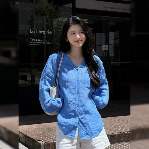 老白不白【蓝卷】V领口袋长袖衬衫女宽松前开扣休闲显瘦垂感衬衣