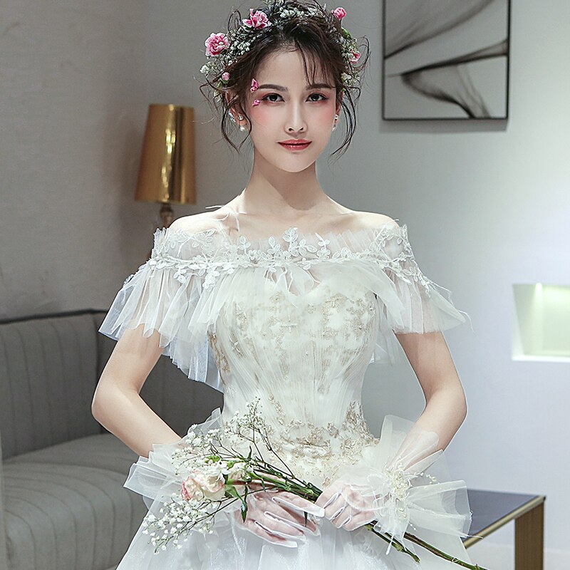 新娘披肩系带一字肩斗篷婚纱外披带手套结婚拍照大码薄款网纱蕾丝