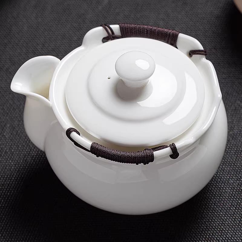 中式高档羊脂玉白瓷手抓壶家用泡茶陶瓷茶壶茶杯功夫茶具防烫带盖