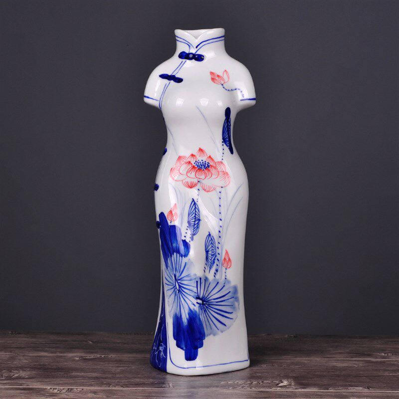 景德镇陶瓷器创意青花瓷旗袍美女花瓶插花家居客厅装饰摆件礼品