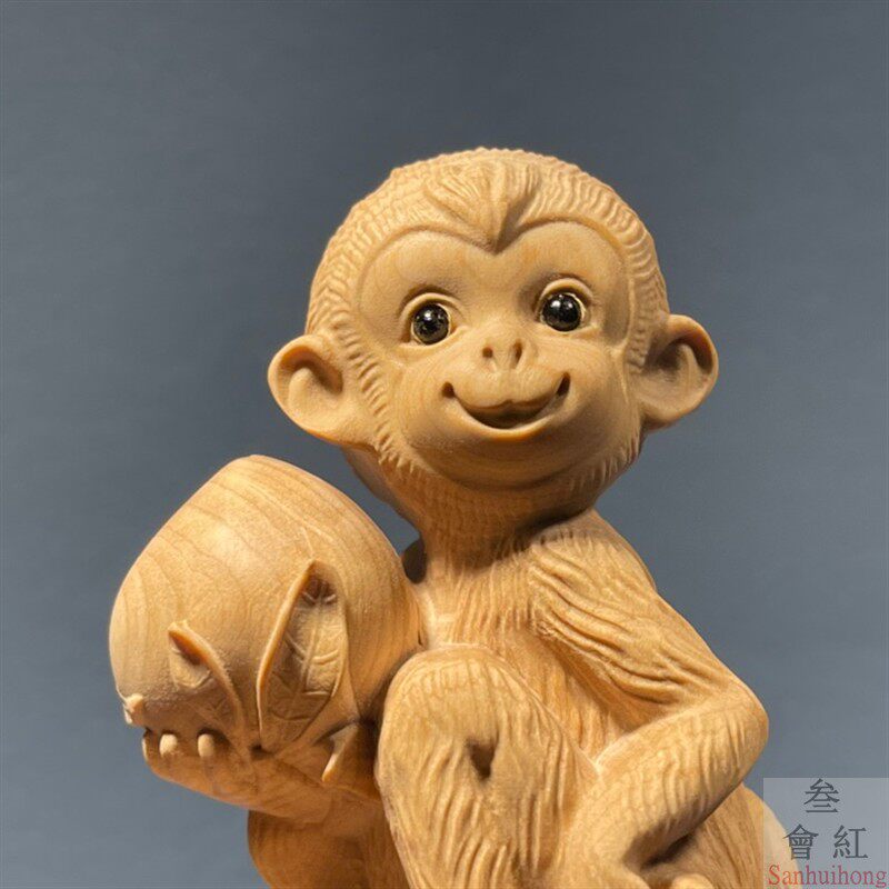 小叶黄杨木雕动物后工艺摆件实木雕刻生肖祝寿抱桃猴生日长辈贺礼