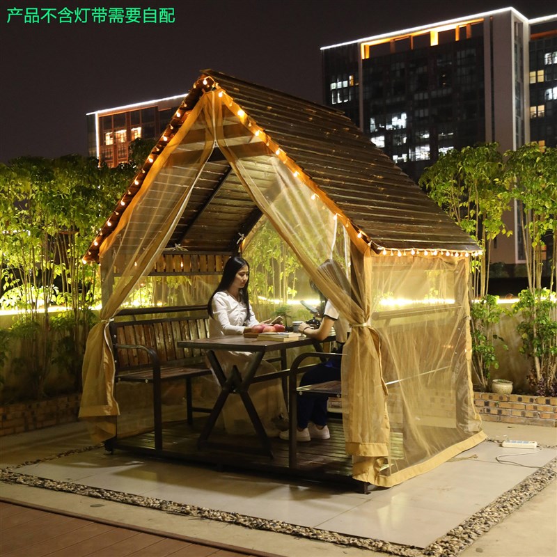 户外凉亭防腐木小木屋庭院花园室外铁艺移动组装碳化木亭露台