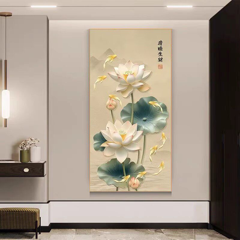 2025新款钻石画满钻荷花九鱼图玄关走廊点钻十字绣钻石绣入户中式