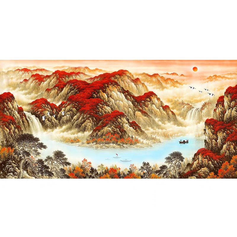 鸿运当头大型国画竹木纤维集成墙板客厅沙发山水背景墙床头碳晶板