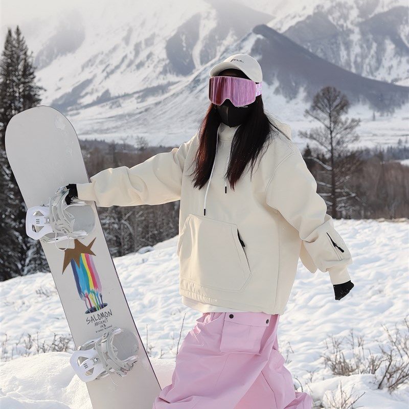 雪否 杏色单板兔耳朵防水over size宽松加绒 透气室内滑雪卫衣