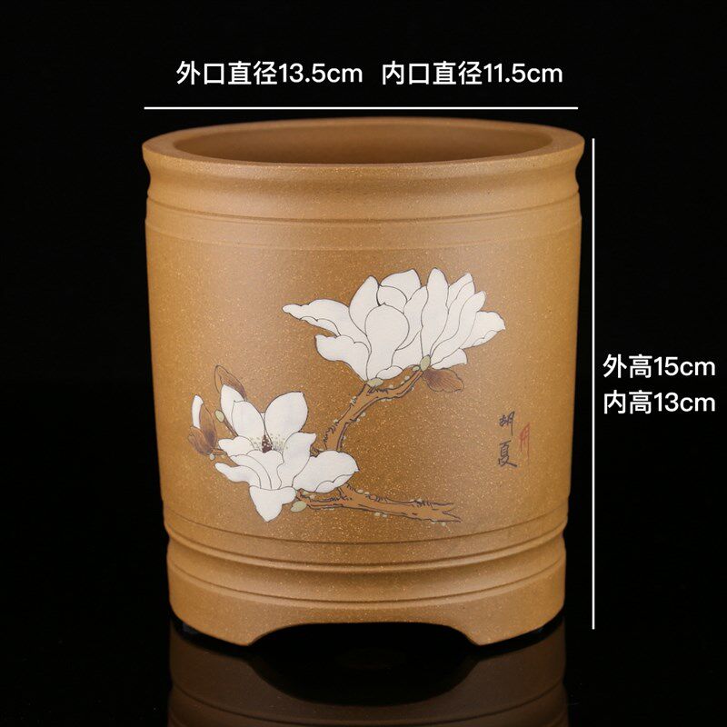 高档精品手工彩色泥绘白玉兰原矿宜兴紫砂高口签筒兰花盆景盆双色
