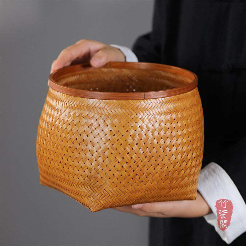 竹编收纳筐手工编织簸箕收纳篓复古大漆果盘家用茶点筐竹篮竹筐