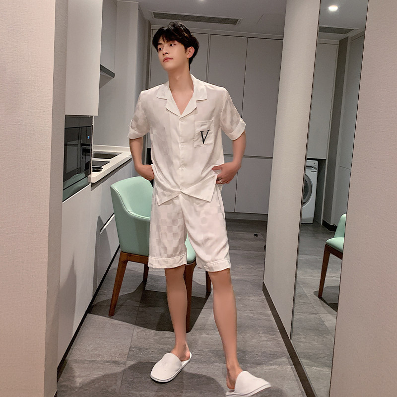 睡衣男冰丝夏季薄款短袖短裤男士白色格子居家服男款夏款丝绸套装