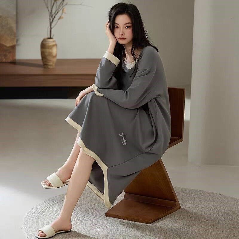 春秋冬睡裙女宽松大码德绒长袖2025新款秋季长款圆领女士睡衣裙子