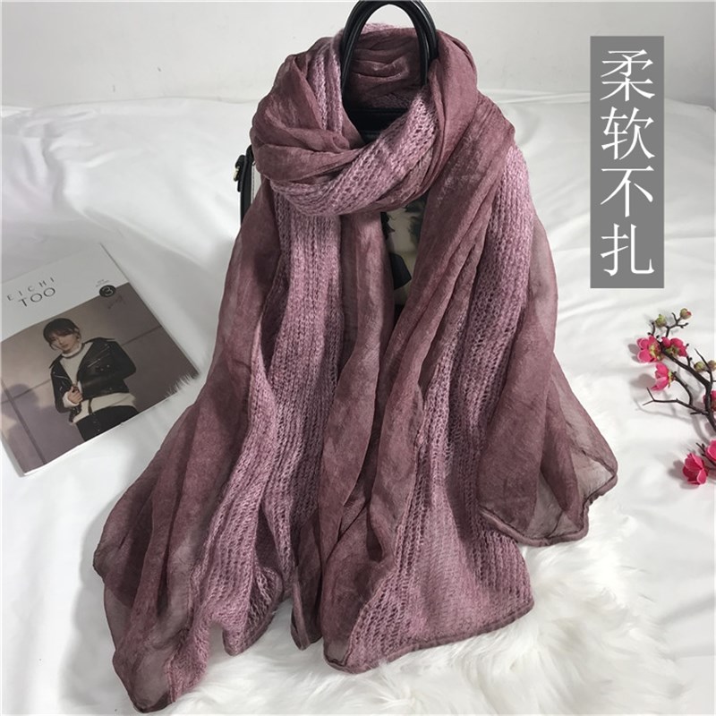秋冬季新棉麻围巾女加长款真丝毛线拼接扎染纯色亚麻丝巾披肩两用