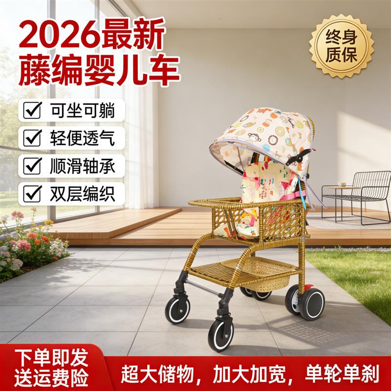 竹藤婴儿推车轻便夏季仿藤宝宝手推车可躺折叠竹编藤椅儿童小推车