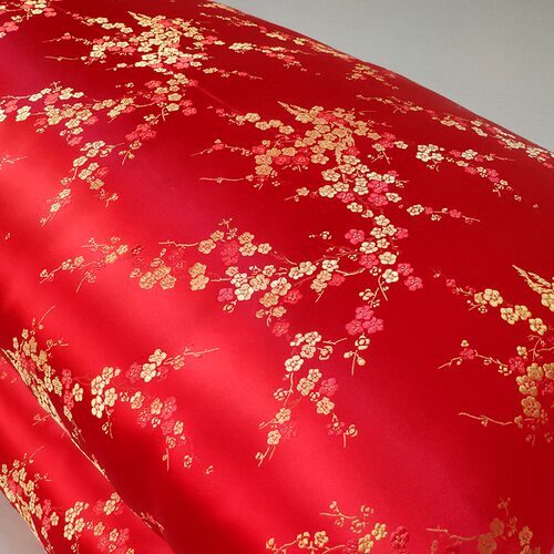 梅花蝴蝶布料diy丝绸绸缎汉服面料红色花图案真丝织锦缎被面缎子