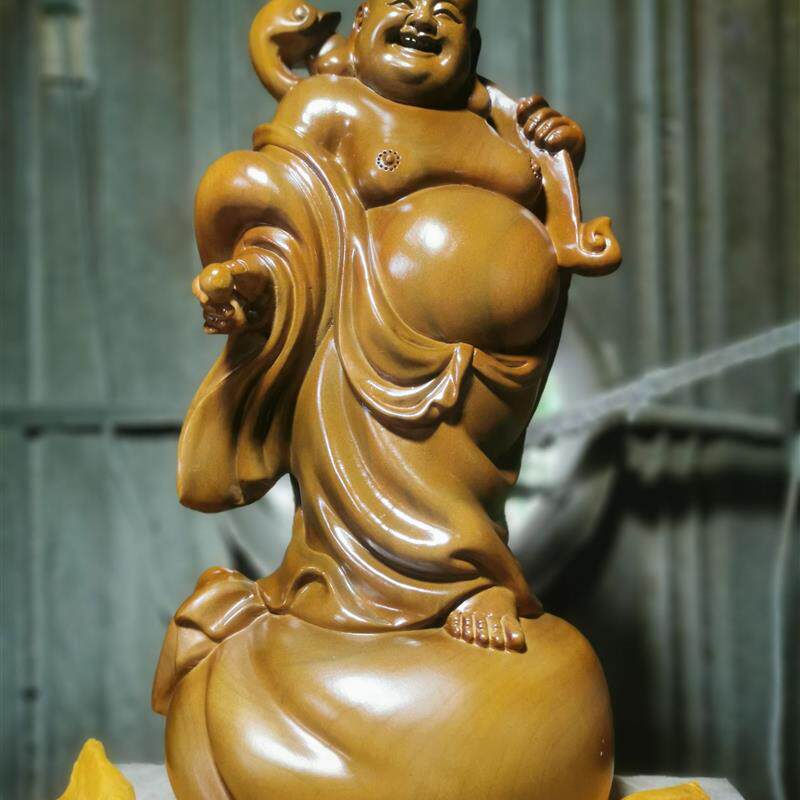香樟木雕弥勒佛像摆件送宝如意笑佛实木红心雕刻礼家饰红木工艺品