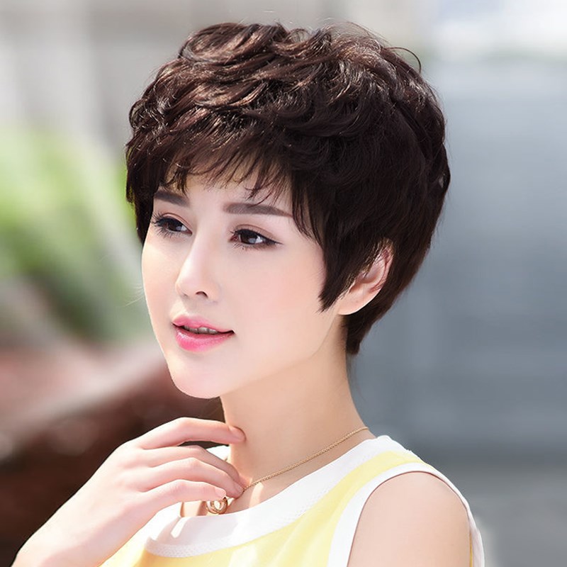 假发真发全真人发女士短卷发时尚洋气整顶妈妈中老年真发全头套式