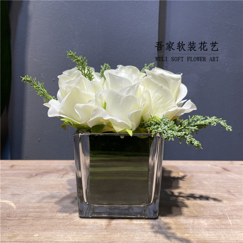 小清新白玫瑰假花方樽套装  样板间客厅茶几绢花摆件