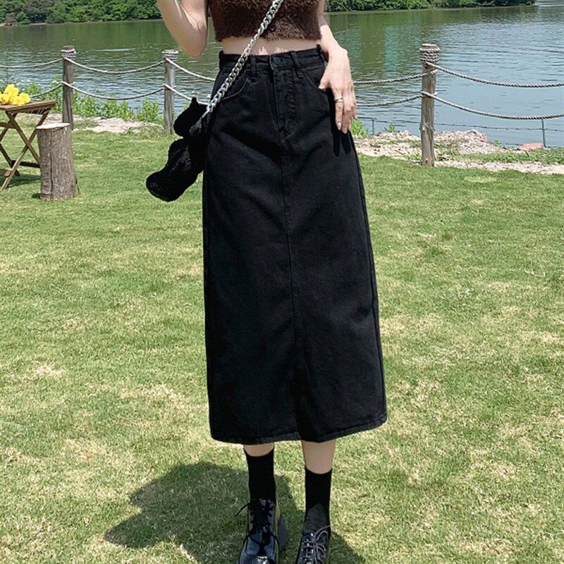 开叉黑色牛仔裙女薄款春夏半身裙2024新款中长款小个子a字包臀裙