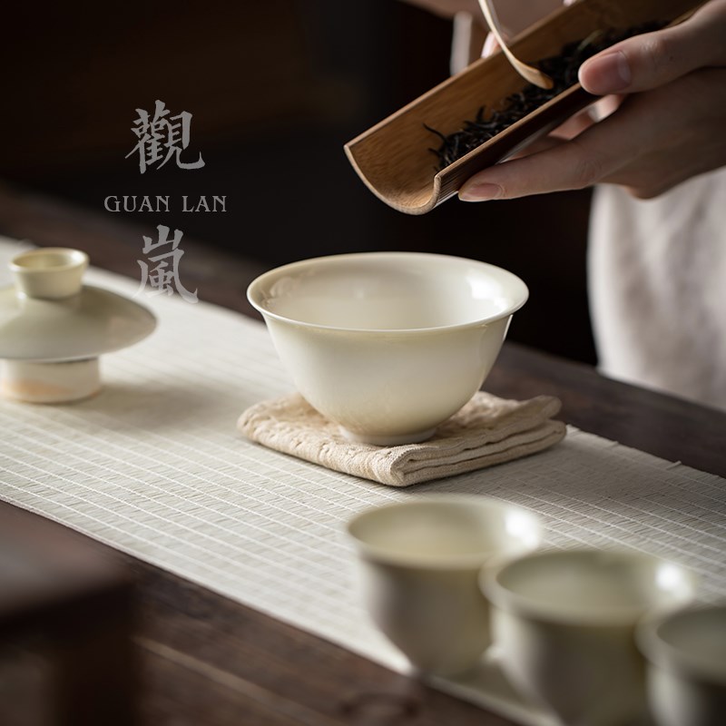 观岚复古青灰釉二才盖碗茶杯陶瓷中式家用手抓不烫手小号茶碗带盖
