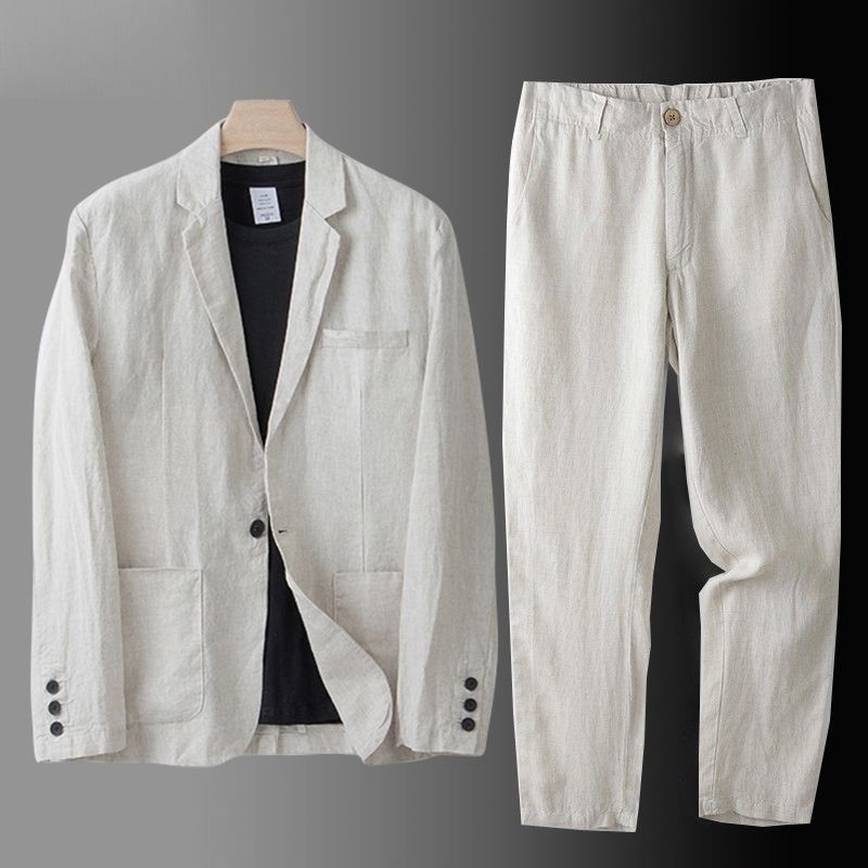 亚西装套装男夏西服男款宽松上衣外套棉西服夏天麻休闲