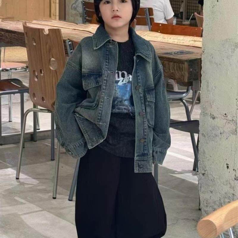 波拉韩国童装儿童衬衣2025秋季新款男女童宽松版衬衣牛仔衬衫外套