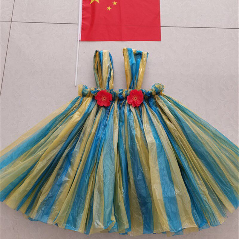 儿童环保拉丁裙草裙演出服时装秀舞蹈服垃圾袋制作女童走秀服