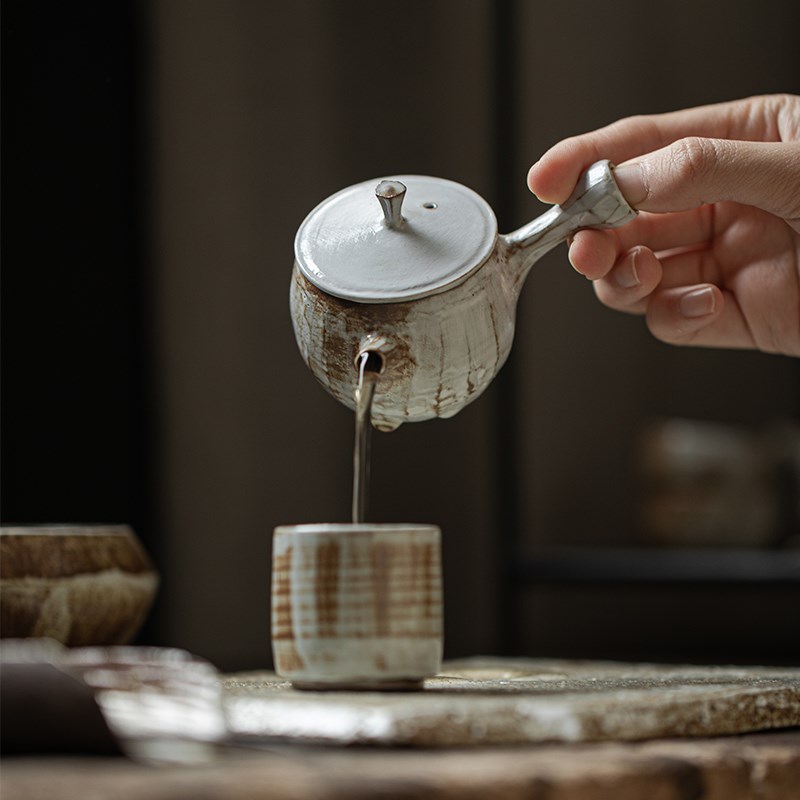 草木祠 景德镇纯手工陶瓷侧把壶 日式粉引泡茶器小茶壶一人用单壶