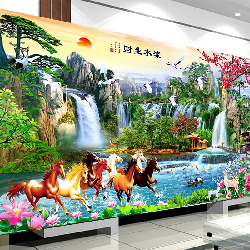 流水生财十字绣客厅2021新款线绣风景山水大画满绣马到成功八骏图