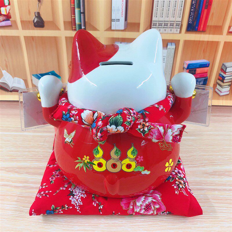 招财猫陶瓷摆件二维码定制开业店铺送礼物品收银台红猫发财储蓄罐