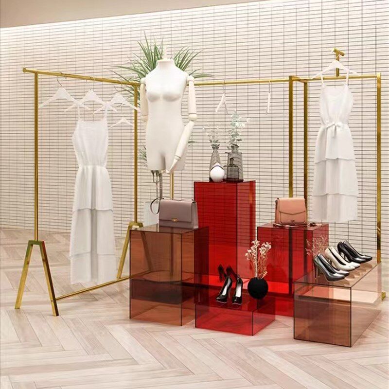 金色服装店展示衣架不锈钢拉丝陈列落地女装双层货架高柜挂衣杆架