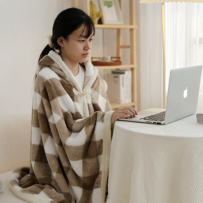 办公室午休午睡毯 连帽斗篷月子披风空调小毯子 冬季加厚披肩毛毯