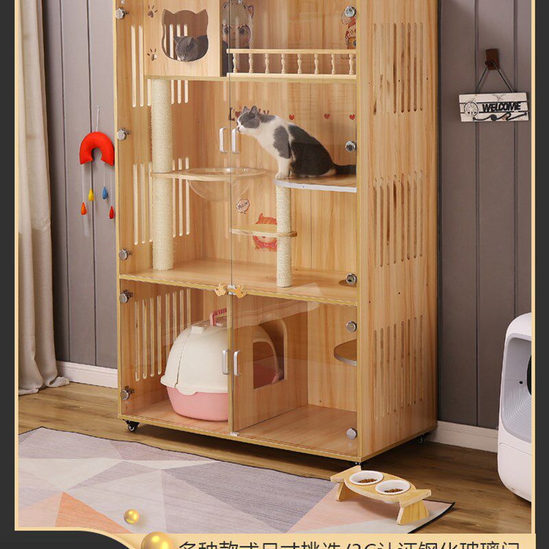 猫笼豪华猫别墅实木猫窝猫房子猫柜笼家用钢化玻璃猫屋木定制猫笼