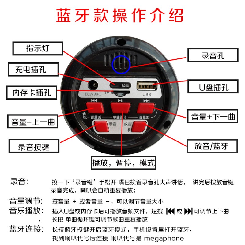 摆摊卖货录音喇叭自动广播放话筒喊话蓝牙车载顶音响扩音扬声器机