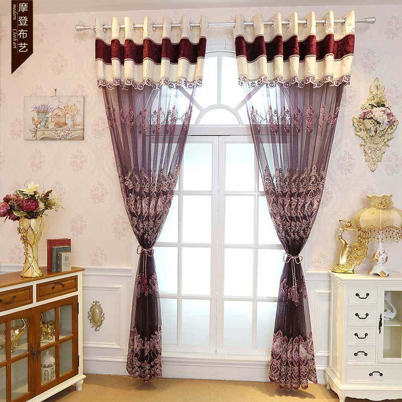 高档欧式客厅激光贴绒绣花窗帘卧室飘窗餐厅落地窗纱帘成品定制