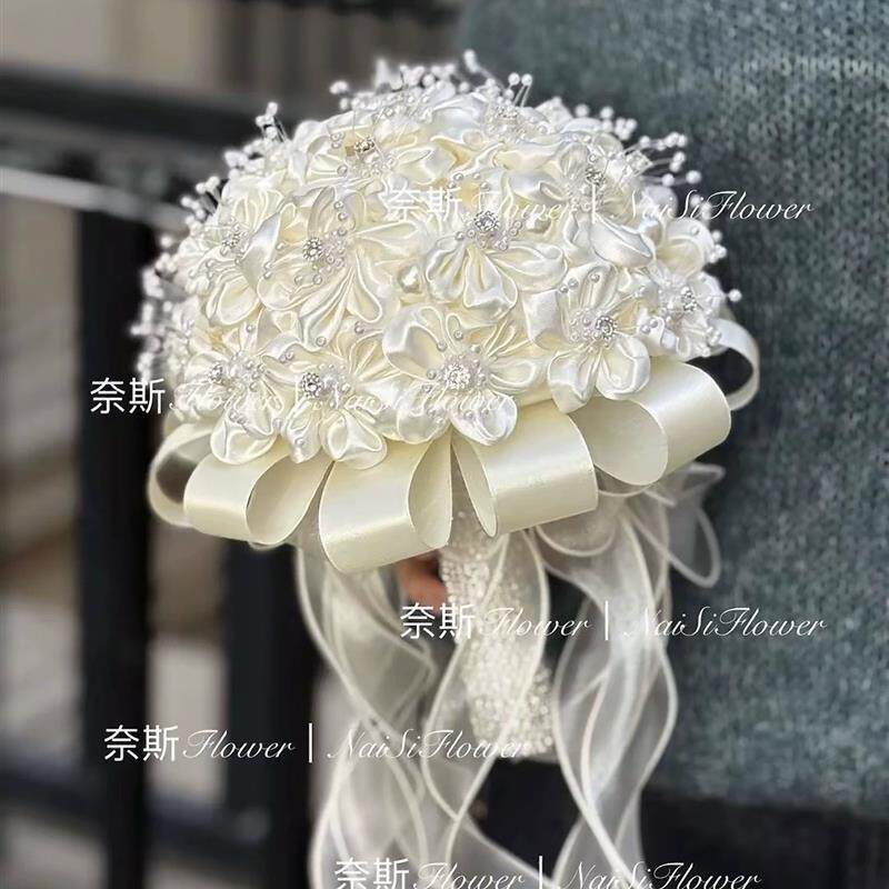 新娘手捧花花结婚玫瑰diy仿真婚礼韩式珍珠缎带材料包