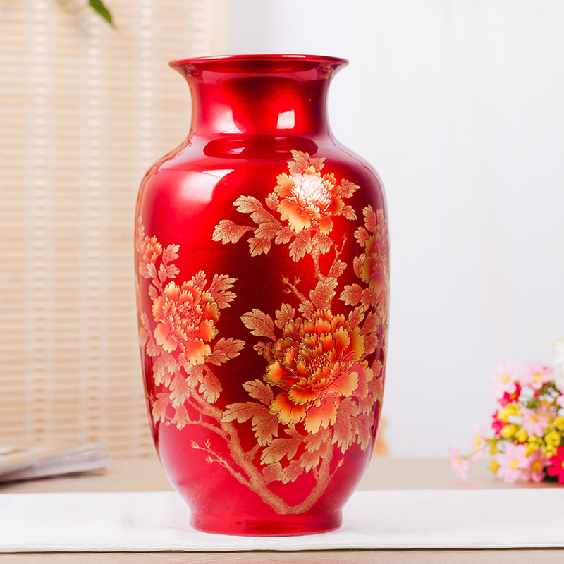 水晶釉陶瓷器落地花瓶摆件中国红色景德镇客厅插花新中式结婚礼品