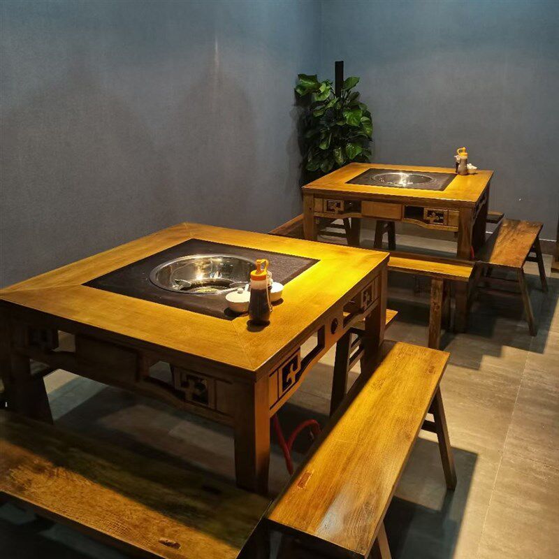 火锅店大理石无烟火锅桌椅子电磁炉一体商用饭店实木烤肉餐桌组合
