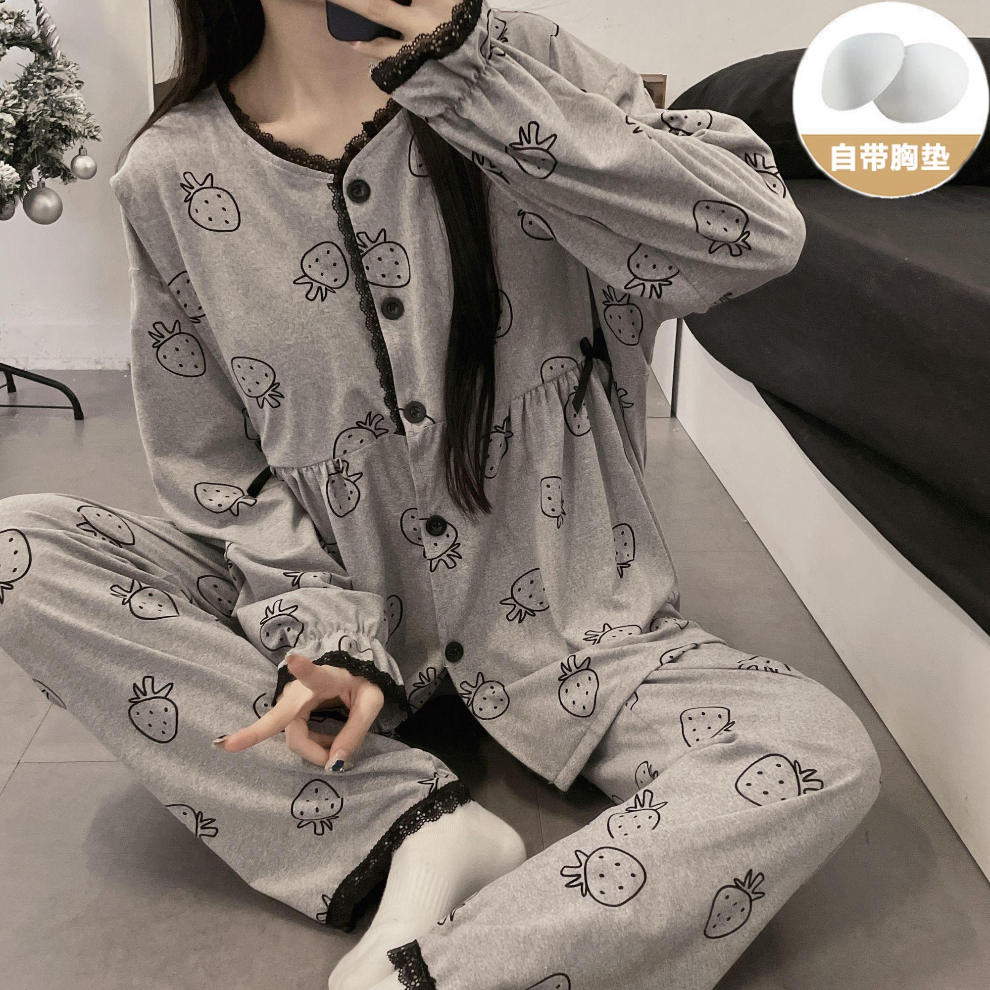 大码200斤带胸垫月子服春秋产后喂奶孕妇睡衣哺乳怀孕期产妇套装