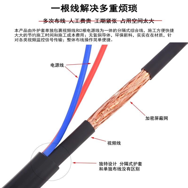 纯铜高清监控线带电源一体线75-5模拟监控影片综合线同轴电缆75-3