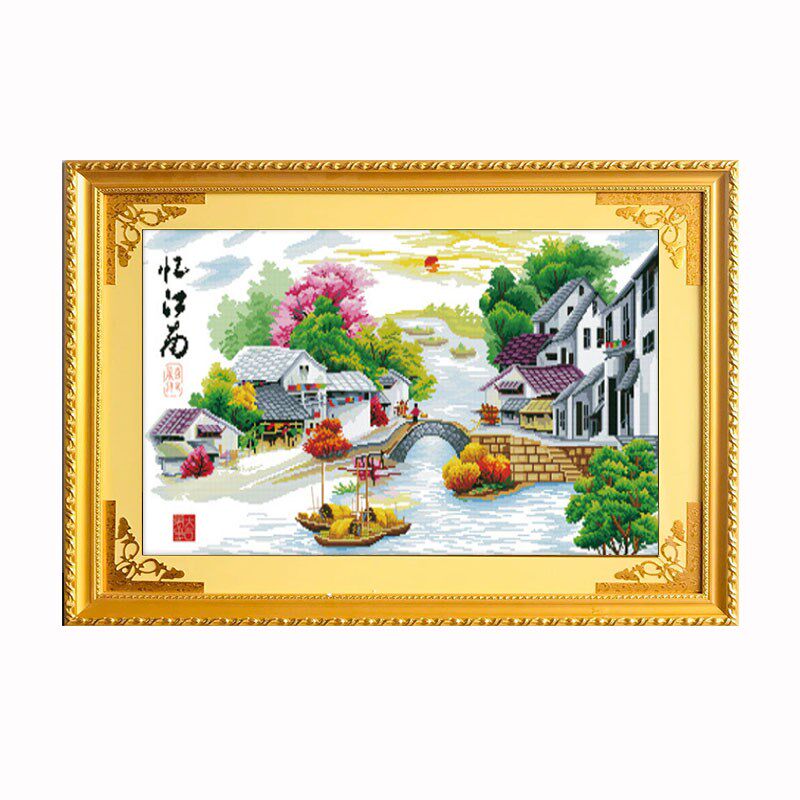 带框架已装裱小幅纯手工绣好的十字绣成品忆江南梦里水乡风景挂画