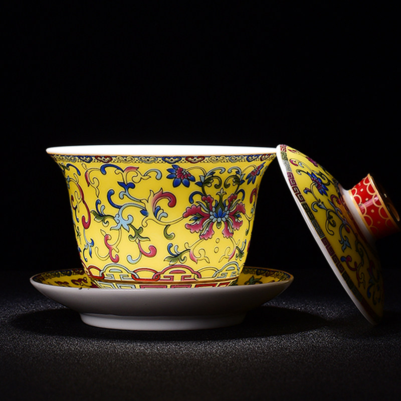珐琅彩盖碗 茶杯家用陶瓷功夫茶具泡茶器白玉瓷敬茶碗 三才杯大号