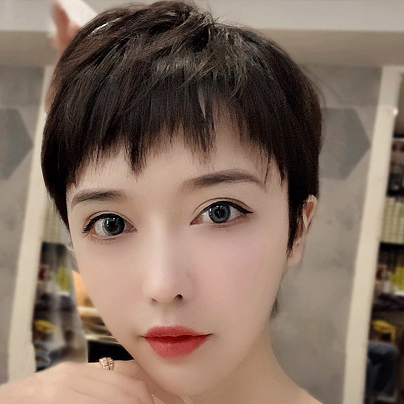 假发女短发狗啃刘海超短发造型全真发纹理短发时尚自然全头假发套