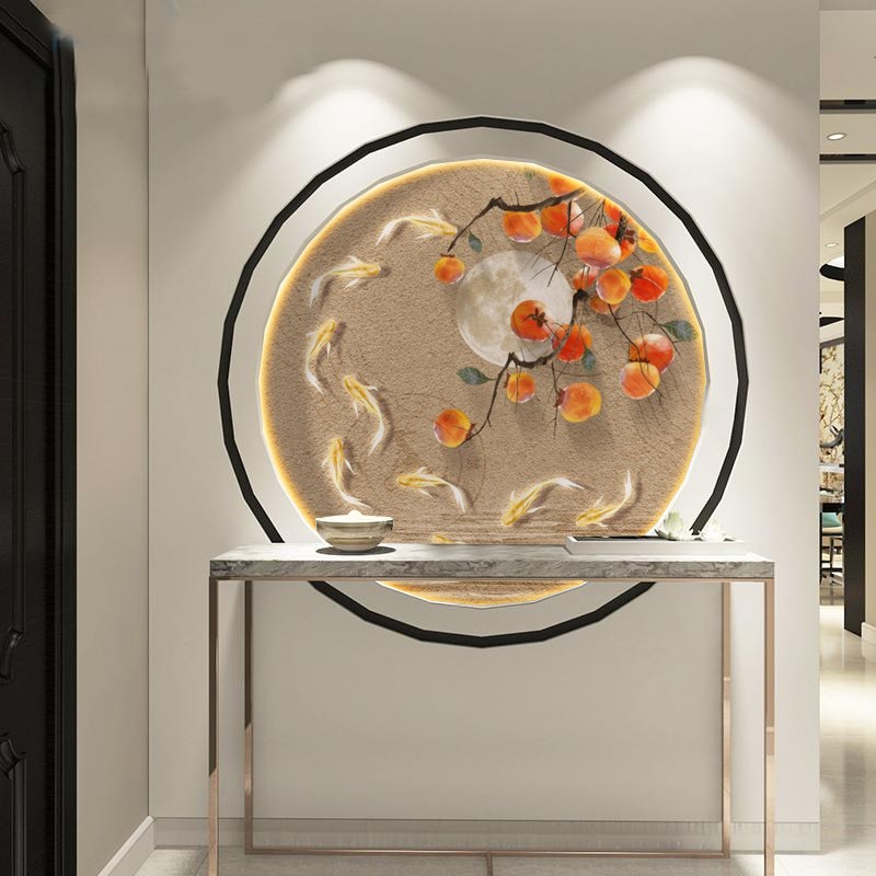 九鱼图玄关装饰画轻奢高档圆形走廊过道壁纸新中式柿子茶室壁画3d